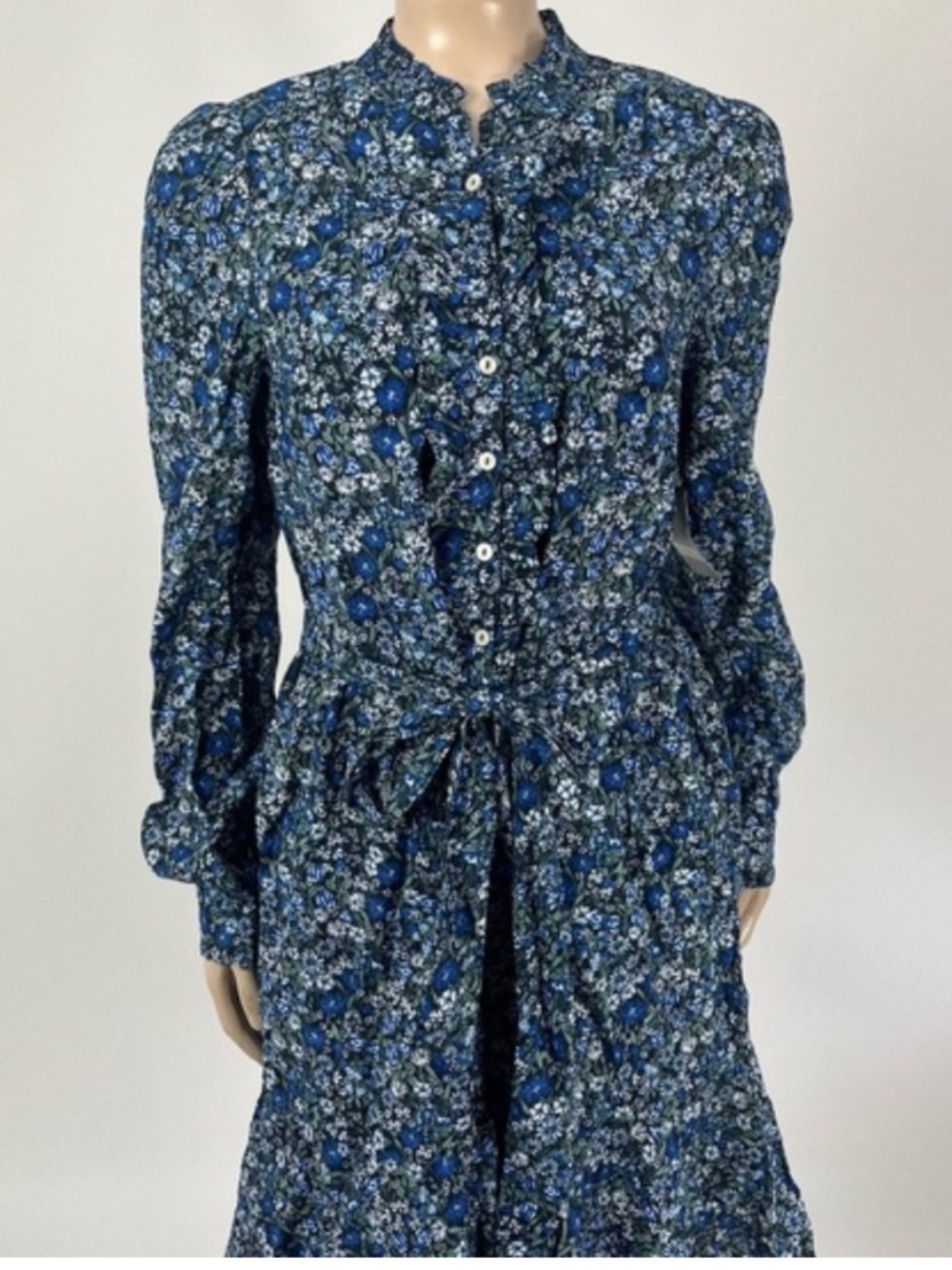 Lucky Brand Navy and White Floral Long-Sleeve Tiered Dress w/Belt Boho Medium